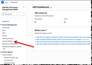 Bild som visar IAM-konsolen med Account Settings markerat