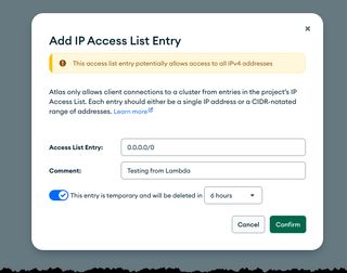 Bild som visar MongoDB IP Network tillåt