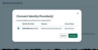 Bild som visar MongoDB identity Provider Organization connection popup-dialog