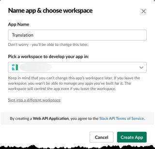 Image showing create slack app step 2.