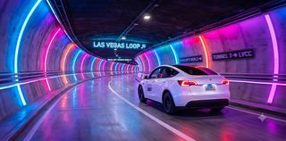 Un Tesla en el túnel iluminado con neón del Vegas Loop