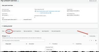 Console showing user pool create groups