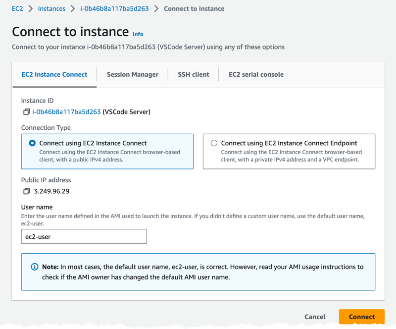 Image showing the EC2 instance connection options.