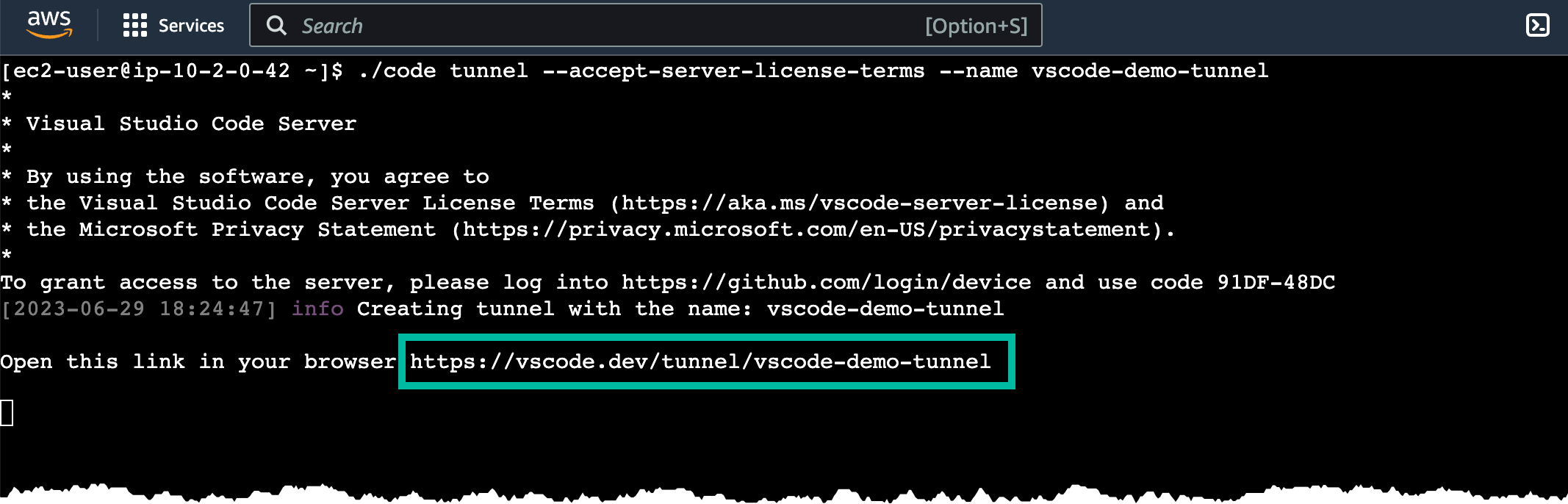Image showing VSCode server running.